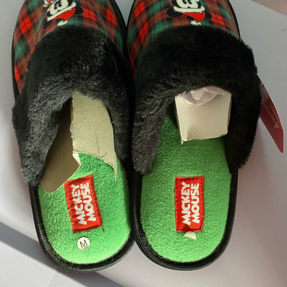 NWT Disney Mickey Mouse Christmas Slippers Plaid Fur Trim House Shoes Medium 7-9 - Picture 4 of 7